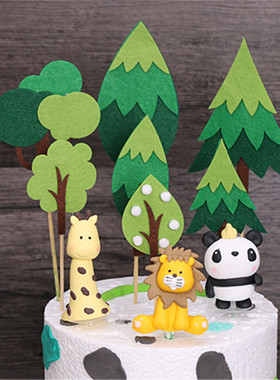 生日蛋糕装饰软陶小动物狮子长颈鹿小象女孩摆件森林动物绿色小树