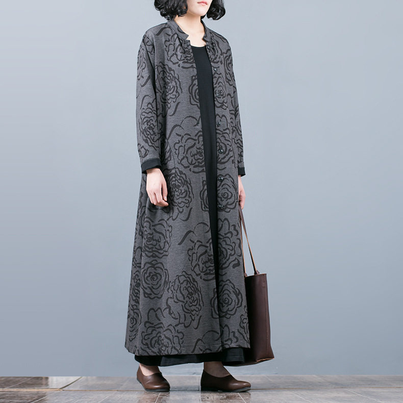 娜娜家2018金兆成秋季新款大码女装长款加厚修身印花开衫外套风衣