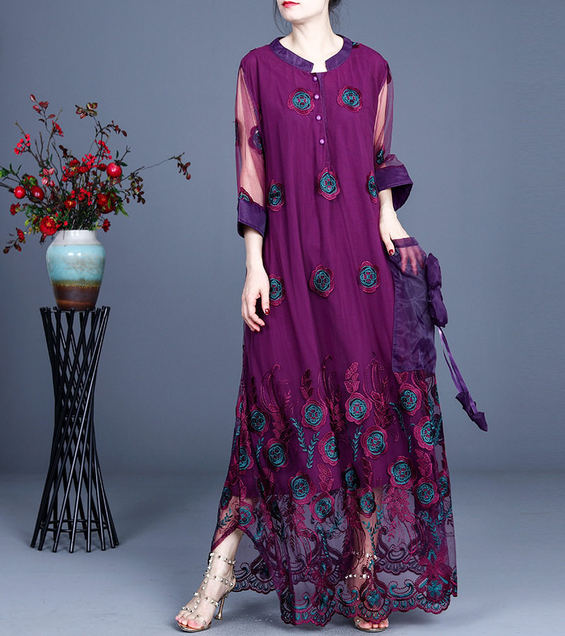 重工蕾丝刺绣连衣裙2021夏季新款大码高端透视双层3d花朵轻熟裙子