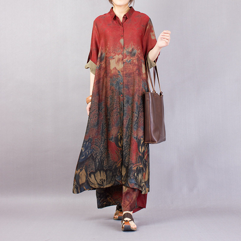 娜娜家正品大码女装印花真丝缎宽松大气显瘦衬衫上衣松紧腰裤套装