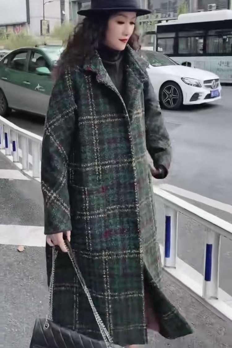 娜娜家22冬新款女装宽松大码文艺复古韩版格子毛呢大衣外套中长款