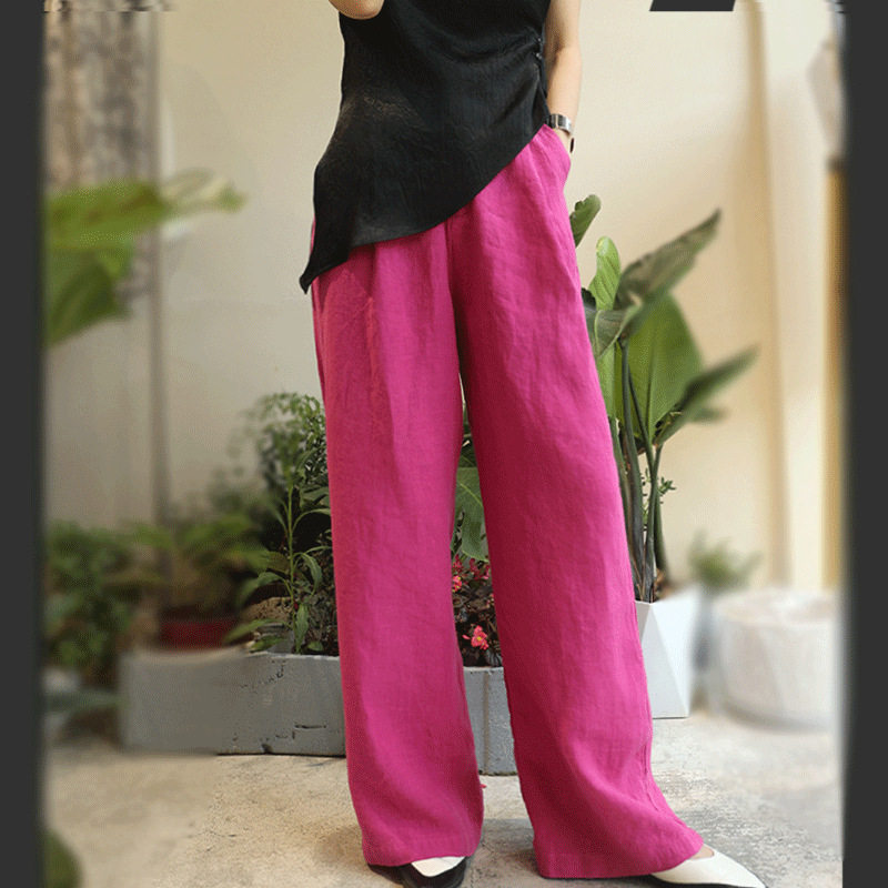 亚麻阔腿裤女夏季垂感专柜款纯色直筒裤透气宽松休闲裤薄款长裤子