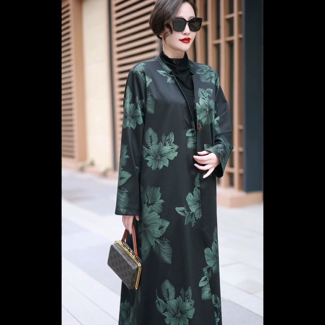复古印花长款外套时尚休闲风衣女图片