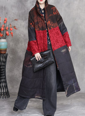 复古立领拼接棉服女长款宽松显瘦