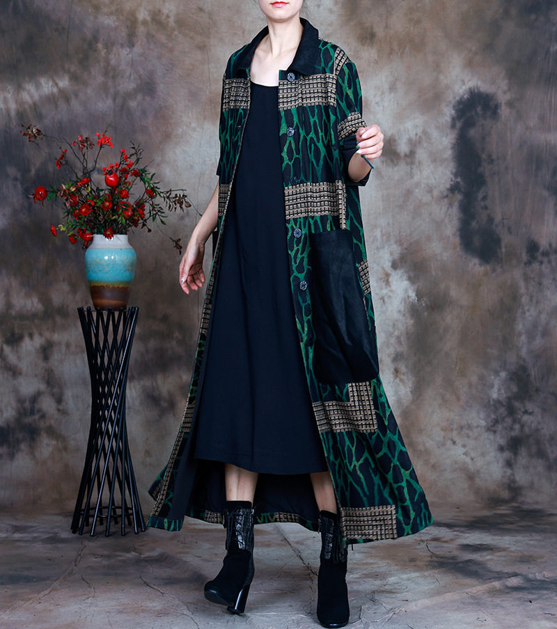 风衣女2021年新款春秋季高端长款大口袋豹纹拼接外套气质个性女装