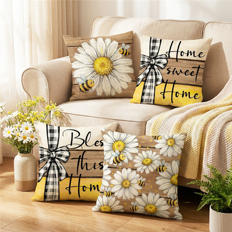 2026春夏新款抱枕套不含芯雏菊蜜蜂印花客厅沙发抱枕套乡村风靠垫,居家布艺,抱枕被,淘宝优惠券,粉丝福利购,淘宝优惠卷