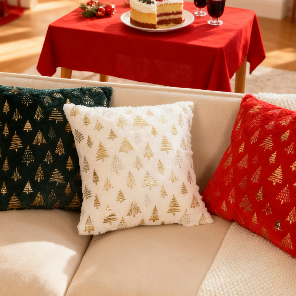 沙发抱枕ins圣诞树毛绒烫金抱枕套 圣诞节日氛围客厅沙发靠枕