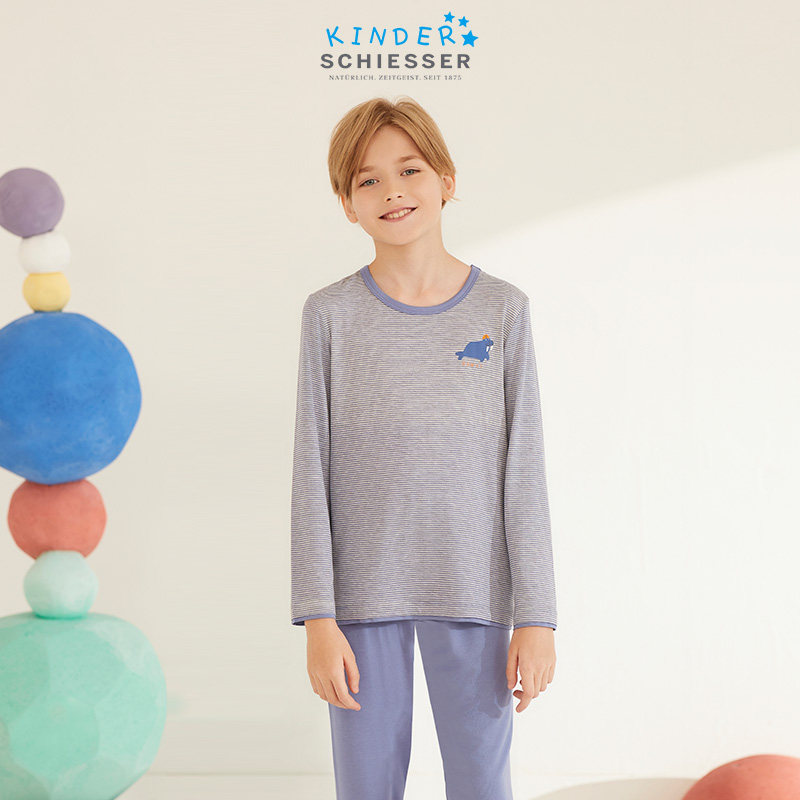 舒雅儿童男孩莫代尔条纹小海豹印花长袖长裤睡衣家居服套装21547h