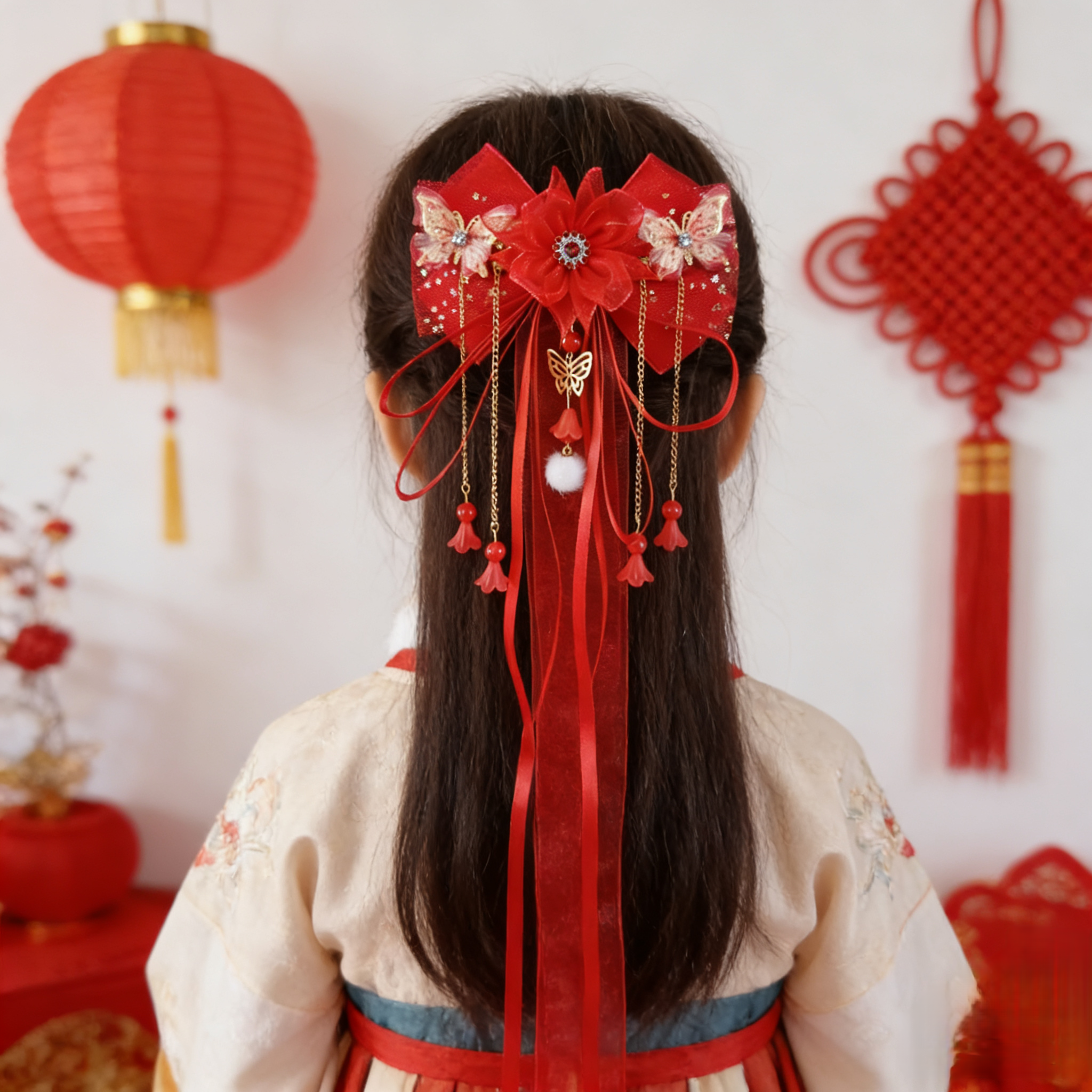 女童新年头花发饰蝴蝶结长飘带发夹新年红色头饰古装汉服配饰头花,童装/婴儿装/亲子装,发饰,淘宝优惠券,粉丝福利购,淘宝优惠卷