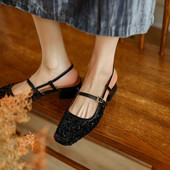 凉鞋 法式 亮片夏季 粗跟低跟时尚 玛丽珍鞋 晚晚风方头浅口粗跟小皮鞋