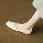 巨软里外全皮方头珍珠网纱浅口单鞋 奶奶鞋 羊皮韩版 甜美平底乐福鞋