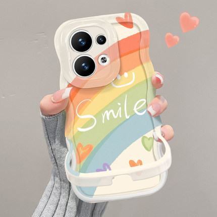 适用opporeno14pro手机壳新女款reno13/12高级防摔11/10油画微笑彩虹隐形双支架Findx8pro硅胶7/6全包保护套