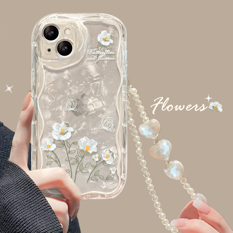 适用苹果15手机壳新女款iPhone14promax/13奶油纹16/11透明线条碎花链条12mini防摔xs/xr软硅胶8/7plus保护套