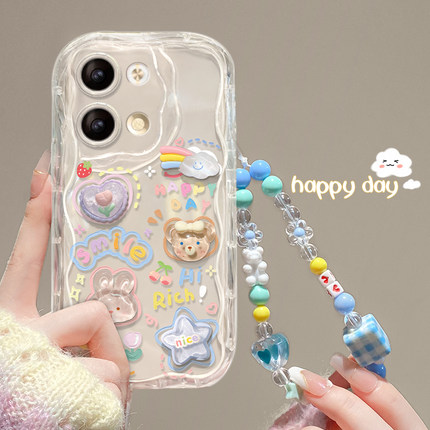 适用opporeno9手机壳reno12/11奶油纹10/8pro+新女款透明findx7/6立体公仔链条r17/15全包硅胶防摔a93保护套