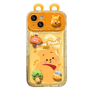 适用苹果17promax手机壳新女款iPhone14/16创意13/12mini维尼小熊公仔11挂绳xr/xs翻盖镜子8/7plus透明保护套