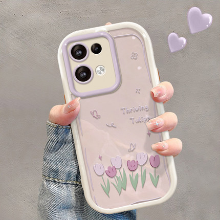 适用opporeno12手机壳reno11奶油壳reno8pro+小众新款硅胶reno10/7se创意女款小清新郁金香a72/93s防摔保护套