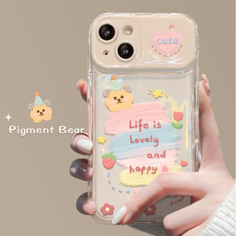 适用苹果14promax手机壳小众iPhone16/15新女款13/12mini颜料小熊xr/xs网红11翻盖镜子7plus防摔保护套8p透明