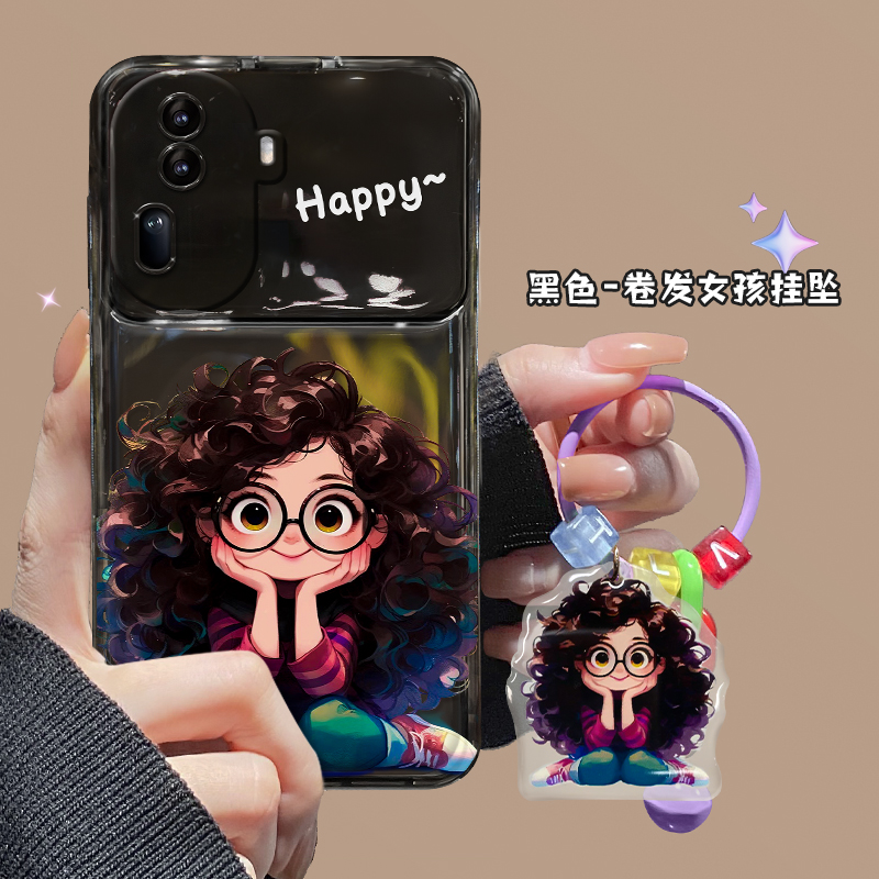 适用opporeno11手机壳新女款reno10/9pro+卷发女孩挂坠reno8/7翻盖镜子r17/15透黑findx5/3防摔a97/93s保护套