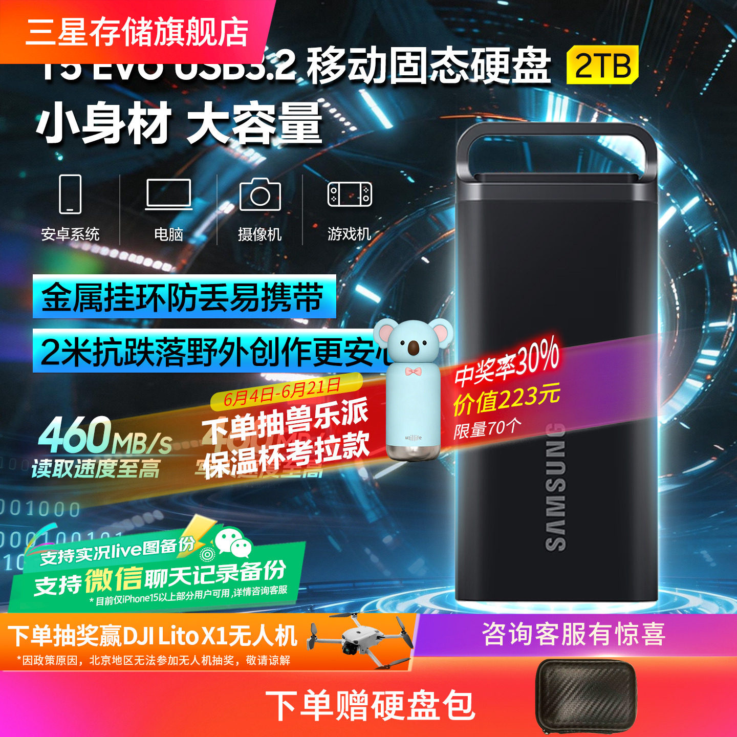 三星T5 EVO移动固态硬盘2T USB3.2电脑安卓手机平板两用外置PSSD