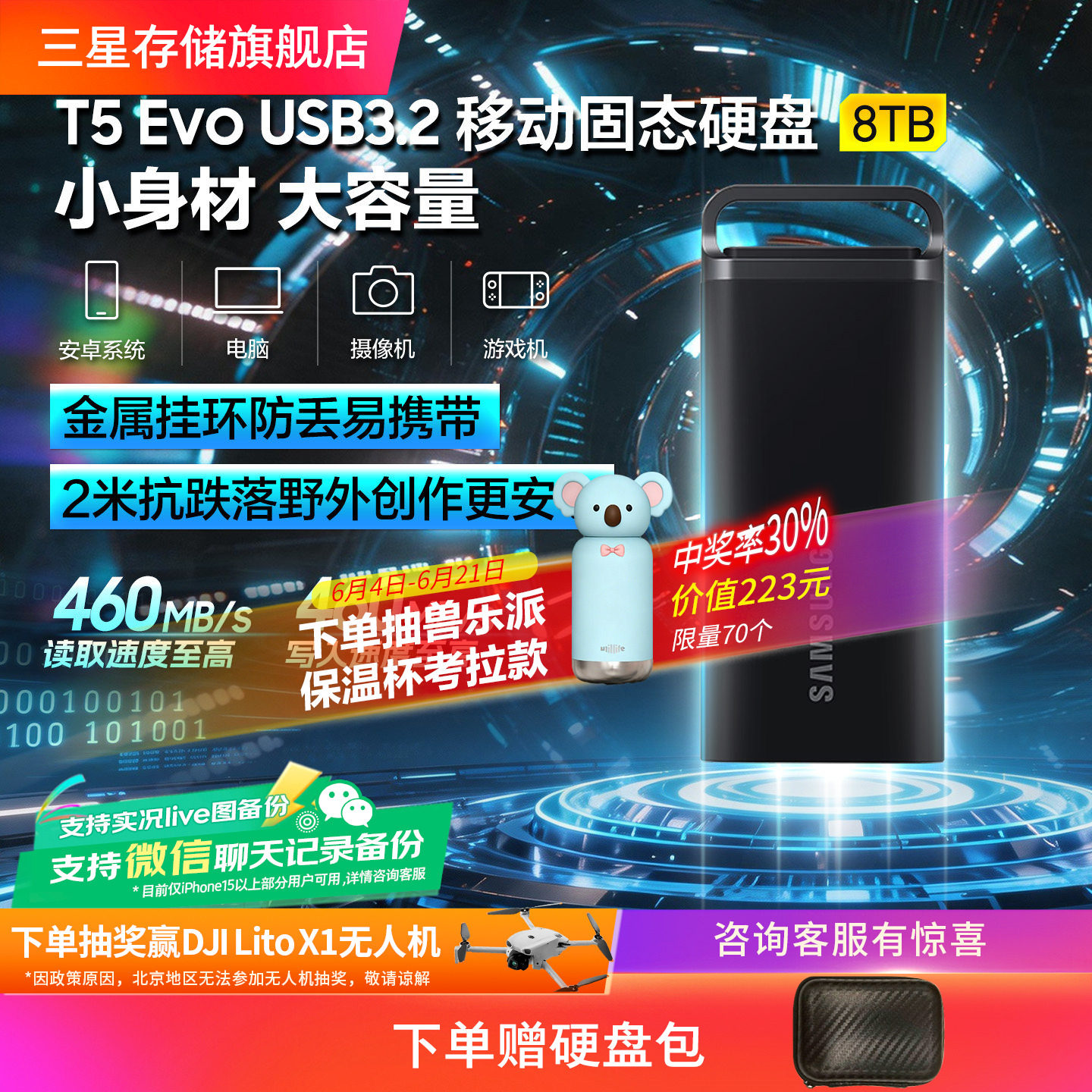 三星T5 EVO移动固态硬盘8T USB3.2电脑手机平板相机两用外置PSSD