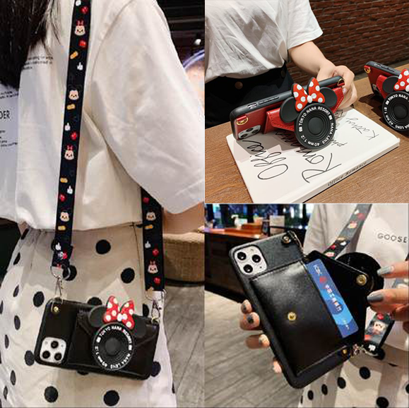 迪士尼苹果13手机壳零钱卡包iPhone11抖音同款xs潮牌12pro全包防摔11网红xr女8plus背带挂绳7p可爱x