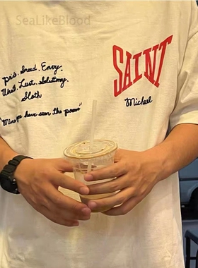 Saint Michael小众复古字母logo刺绣印花宽松短袖舒适T恤男女春夏