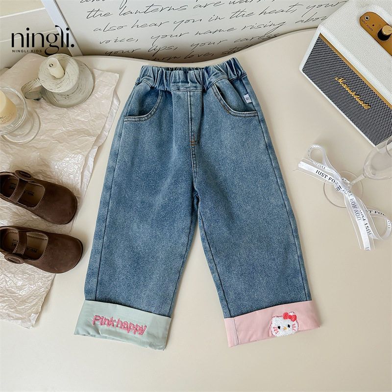 柠里女童秋冬加绒阔腿裤儿童秋冬款新款洋气时髦宝宝爆款牛仔裤子