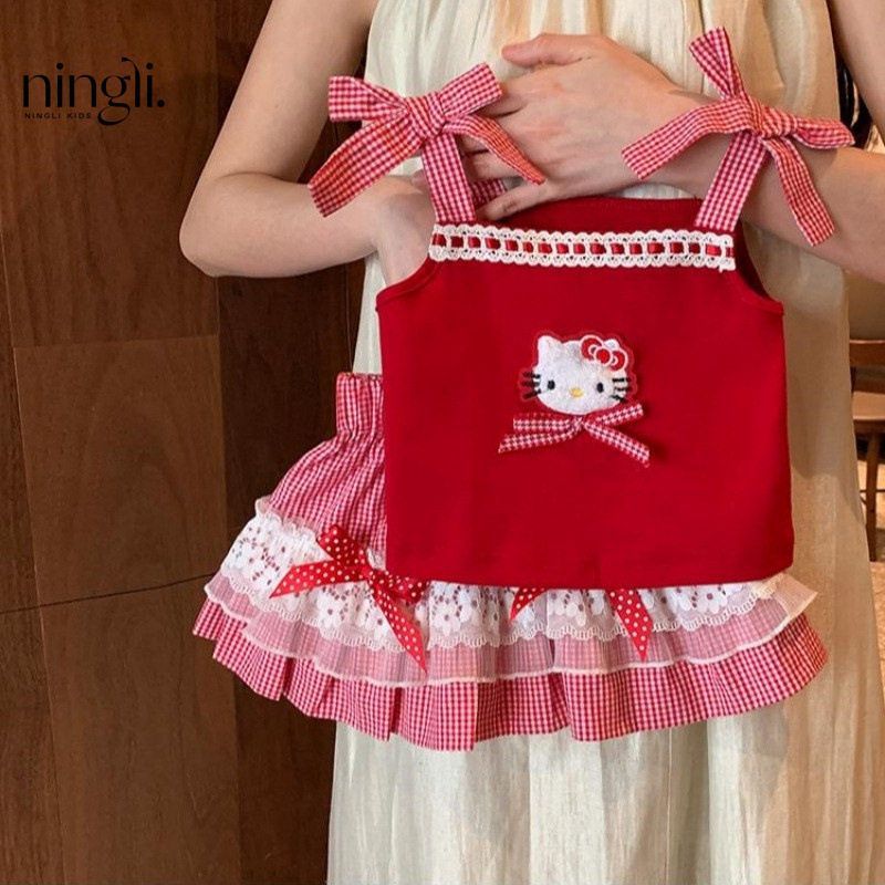 柠里女童可爱红格子套装洋气猫咪套装