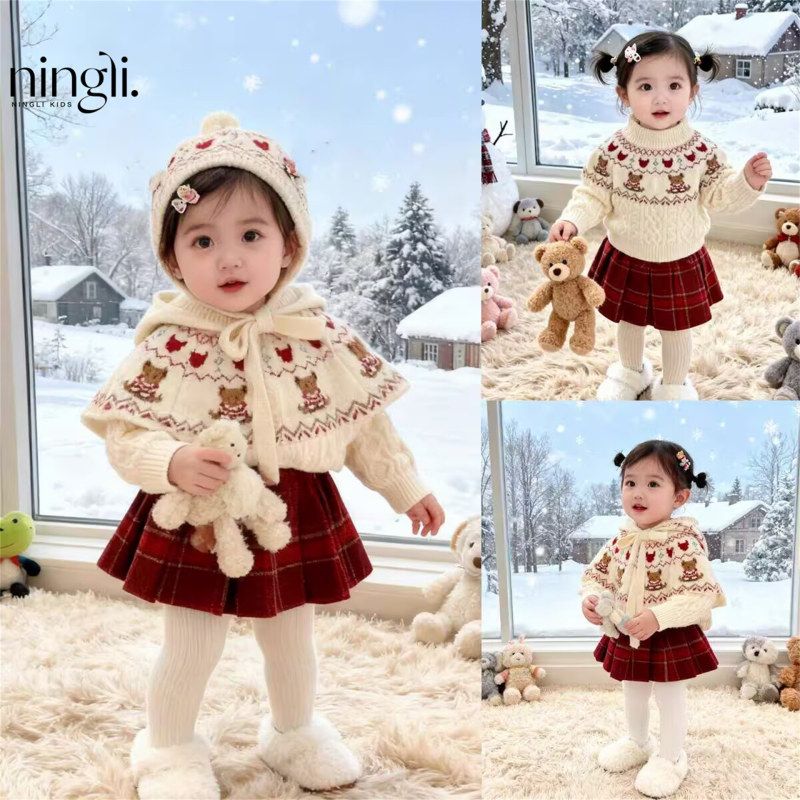 【送帽子】原创！女童洋气百搭圣诞毛衣年款加厚针织衫格子百褶裙