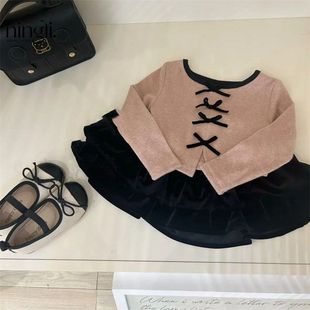 潮 柠里女童秋冬季 新款 粉色上衣 丝绒半身裙子两件套宝宝时髦套装