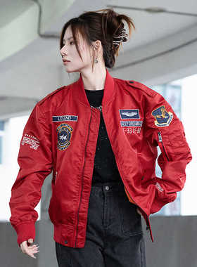 红色飞行员夹克男士春季空军潮流刺绣工装棒球服大码情侣飞行服女