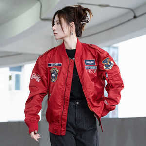 红色飞行员夹克男士春季空军潮流刺绣工装棒球服大码情侣飞行服女