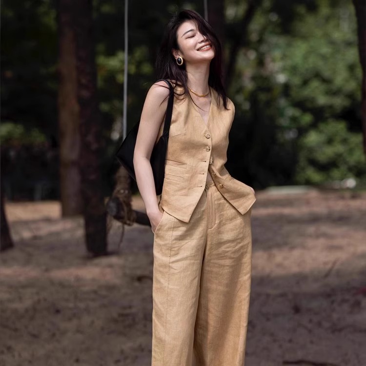 高端棉麻亚麻年轻款马甲背心阔腿裤套装女时髦洋气夏薄款2025新款