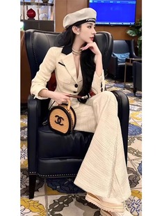 2025新款高定轻奢女装撞色西装直筒粗花呢西服小香风时尚套装裤潮