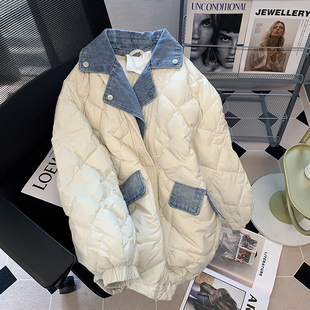 白色小香风冬季外套假两件牛仔拼接羽绒服女新款韩系棉服拼色加绒