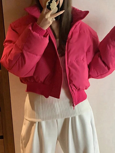 2025爆款玫红色小香风羽绒服高级感超好看面包服棉服女款短款冬季