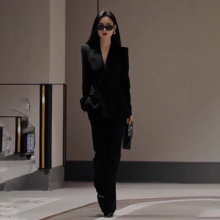 职业通勤两件套2025年新款 春秋季 女阔腿裤 套装 穿搭高级感黑色西装