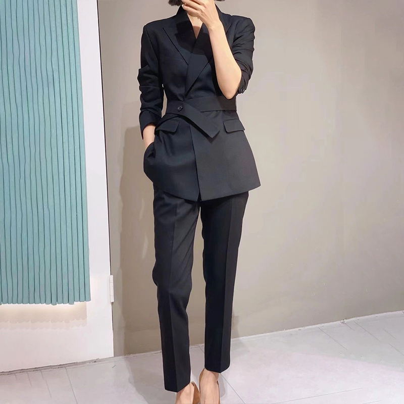 黑色腰带西装两件职业套装女高级感ol通勤气质女神范西服九分裤秋