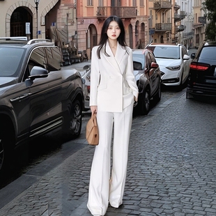 白色高端女士西装高端精致职业装套装2026欧洲站新款女装修身高腰