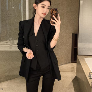 气质西服套装 三件套女精致穿搭职业装 马甲长裤 高端黑色双排扣西装