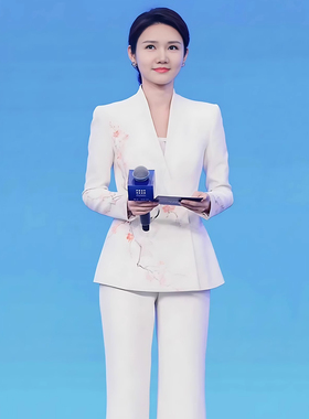 白色高定轻奢印花朵小西装外套女新中式职业阔腿裤套装主持人礼服