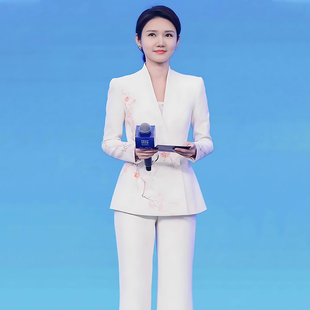 白色高定轻奢印花朵小西装外套女新中式职业阔腿裤套装主持人礼服