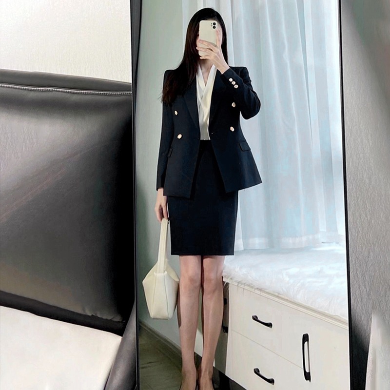 西装面料工装半身裙女夏季两件套装工作通勤西服职业裙修身包臀裙