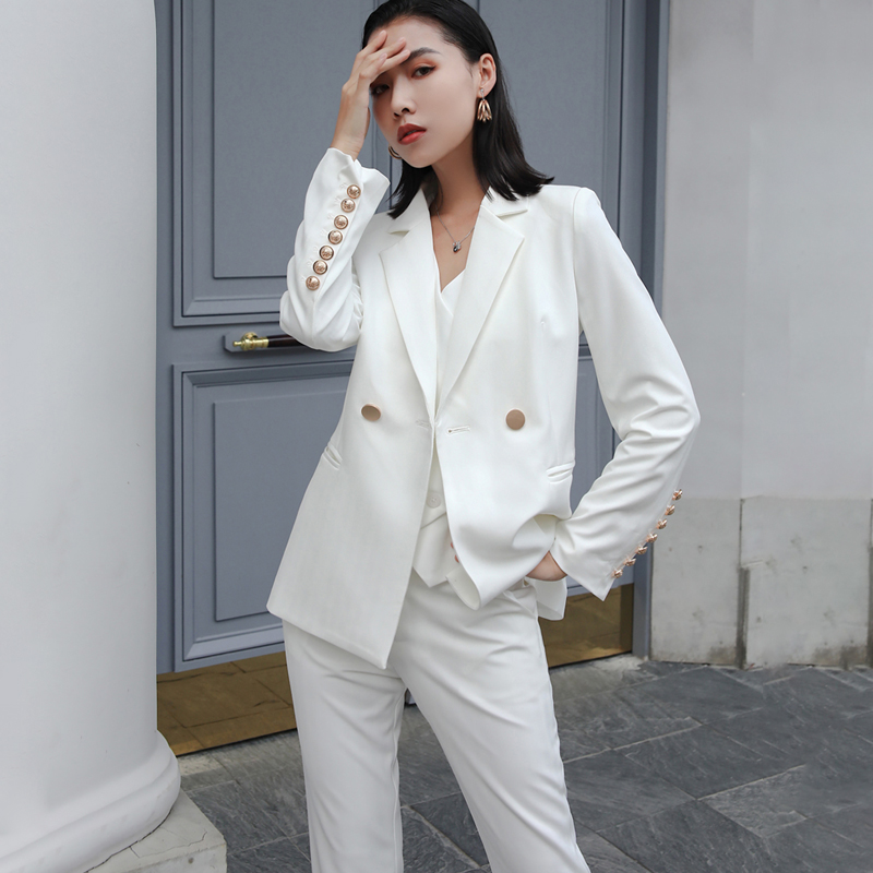 时尚白色西装马甲三件套女修身职业套装2025新款春正装西服三件套