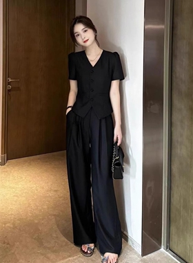 黑色短袖上衣短外套阔腿裤女夏季高腰垂感休闲直筒宽松西装裤套装