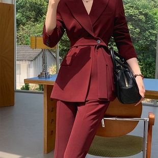 收腰西服气质女神范高端精致秋 修身 女士酒红高档品牌洋气西装 套装