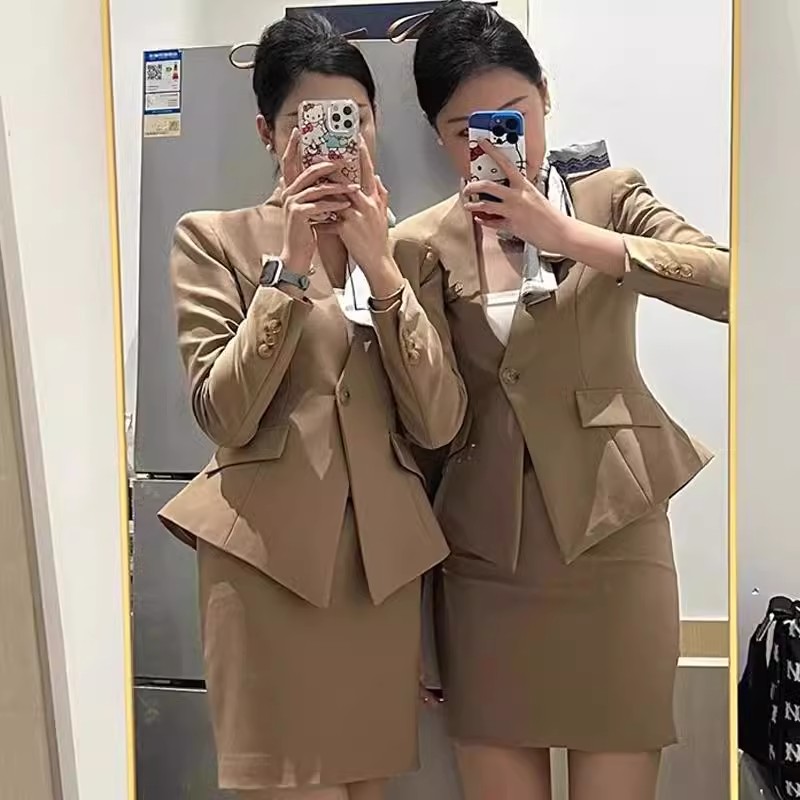 卡其色西装套装女气质修身职业装收腰正装外套气质工作服西服套装