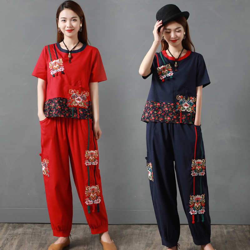夏季复古棉麻套装女2023新款洋气中年妈妈民族风短袖灯笼裤两件套
