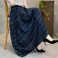 This new spring and summer women's printed cotton and linen skirt is loose, slimming, and concealing flesh. It has a tight waist and a stylish floral print skirt with a large swing thumbnail 7