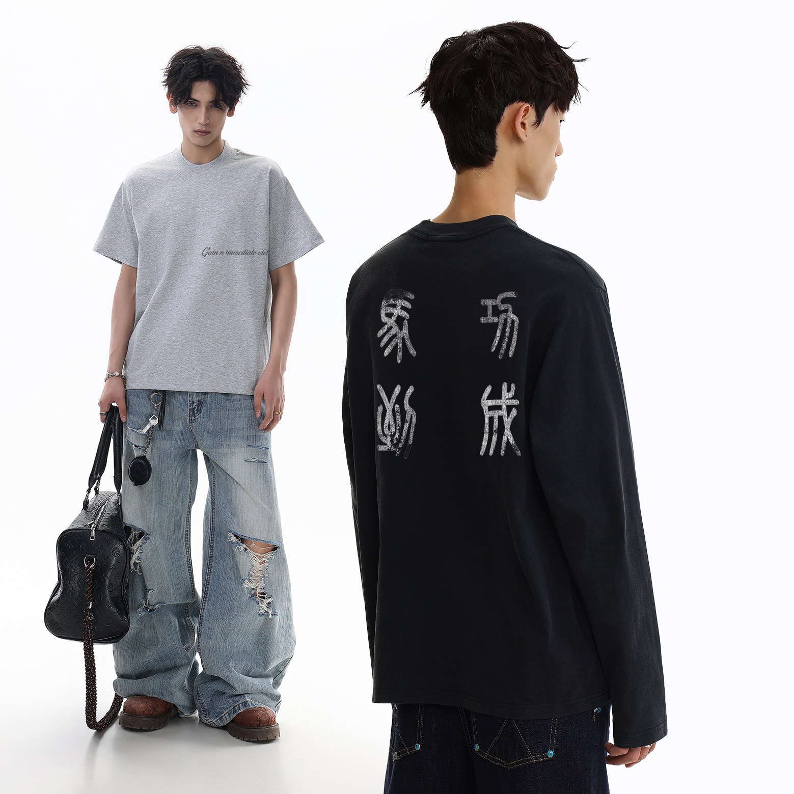 notsexx“马到功成“数码直喷水洗正肩短宽boxy短袖t恤长袖男国风